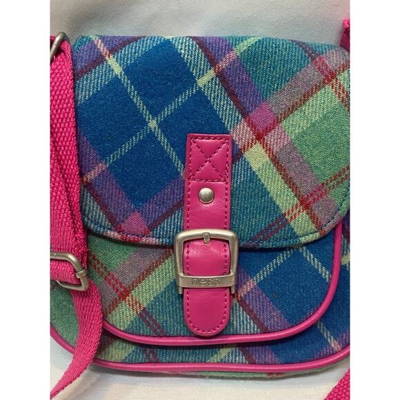 NESS Wool Rich Check Crossbody Bag Satchel Messenger Shoulder Pink Leather Trim - Picture 5 of 16